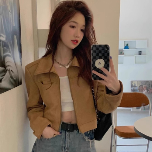 Original lined jacket for women, retro Hong Kong style short sweet and cool hot girl design lapel long-sleeved jacket top