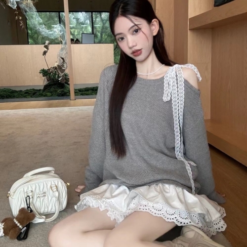 Korean simple suit niche fake two-piece lace stitching off-shoulder knitted sweater women's high-waisted skirt