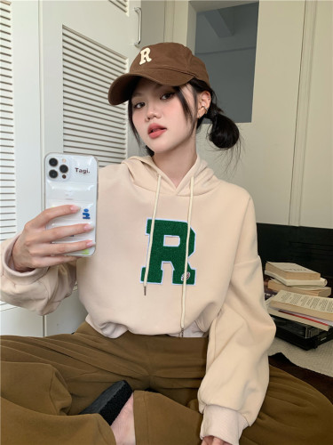 Real shot of American loose letter embroidered long-sleeved hooded sweatshirt