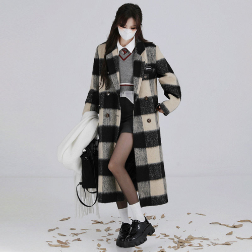 Black and white plaid coat women's mid-length 2024 autumn and winter new Korean style Hepburn style thickened woolen coat for small people