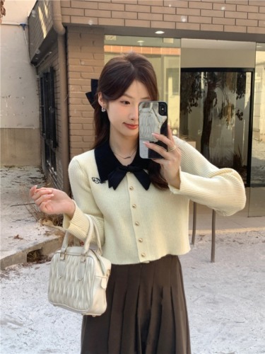 POLO Bowknot Cardigan for Women - Winter 2024 New Arrival - Loose Short Sleeve Embroidered Knit Top for Petite Women