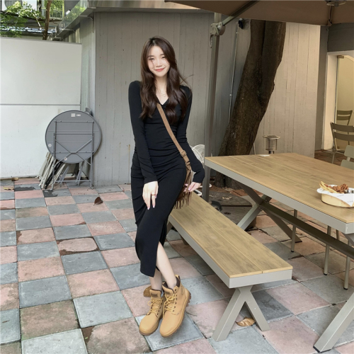 Real shot!  Autumn and winter slim-fitting hooded dress Korean style slimming shirred side slit hip-covering bottoming skirt