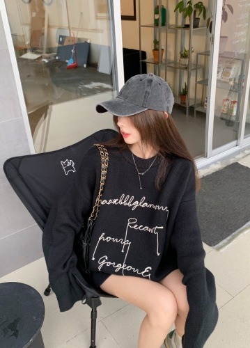 Designed letter tassel embroidery pullover sweater women's lazy loose sweater top