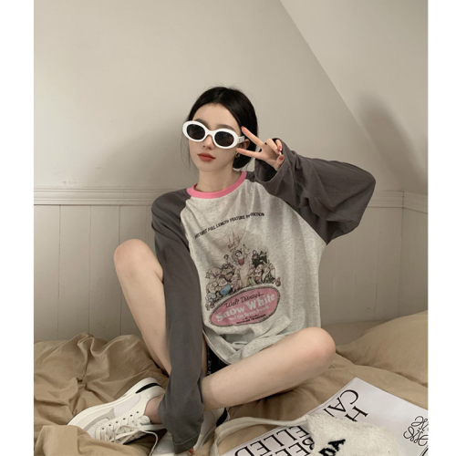 New contrasting color stitching fun cartoon print long-sleeved sun protection clothing for women Hong Kong style