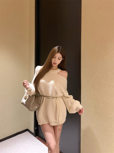 Actual shot of new autumn and winter pure desire off-shoulder knitted sweater dress