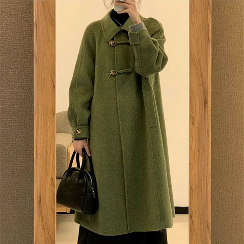 Green coat women's autumn and winter high-end 2024 new small medium-length Hepburn style woolen coat