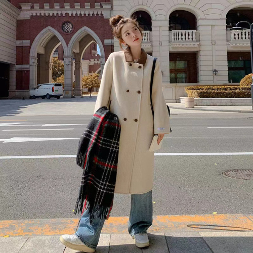 Korean beige coat women's mid-length 2024 autumn and winter new niche design contrasting color lazy style woolen coat