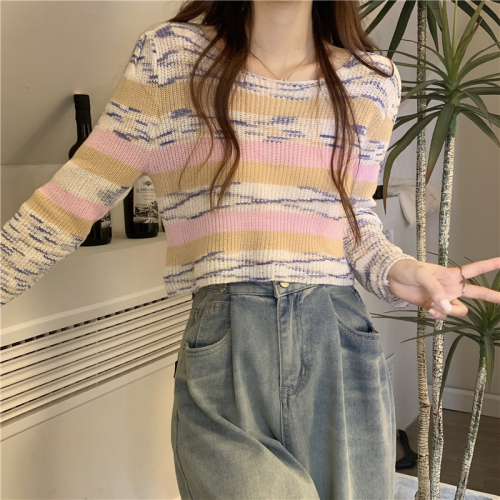 Actual shot of Korean style low-neck sweater with rainbow striped knitted sweater, short long-sleeved top