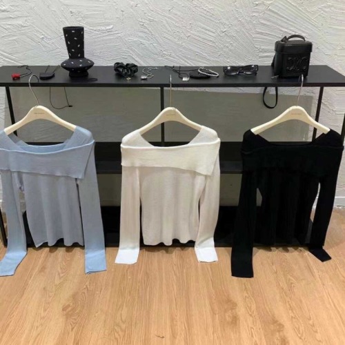 2024秋季新款简约百搭长袖一字肩针织衫毛衣女内搭上衣短款打底衫