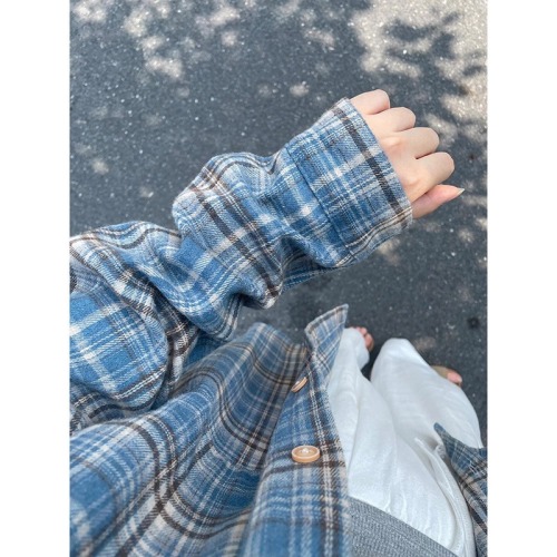 National fashion brand blue plaid long-sleeved shirt for women spring and autumn loose oversize Harajuku style casual versatile shirt trendy