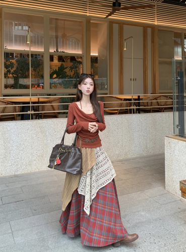 Autumn and winter layered vintage skirts, fake two-piece retro plaid umbrella skirt + fake two-piece bottoming shirt