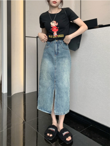 High waist slit denim skirt for women new summer mid-length crotch-covering A-line hip-covering skirt for small people