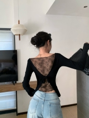 Real shot of autumn hot girl style back lace stitching long-sleeved T-shirt female sexy inner layering top
