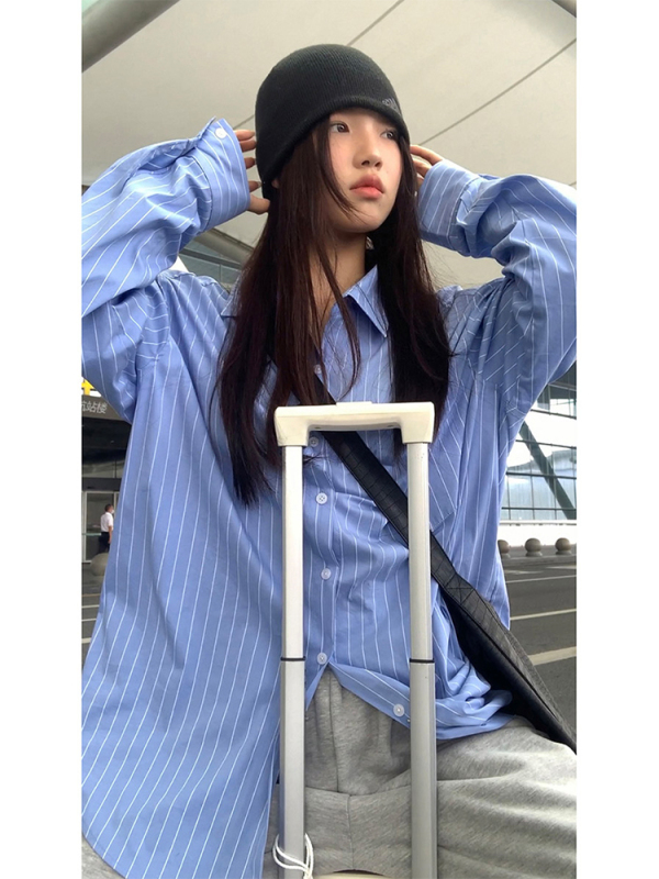 Blue shirt women's 2024 new spring and autumn niche striped top long-sleeved French lazy style shirt