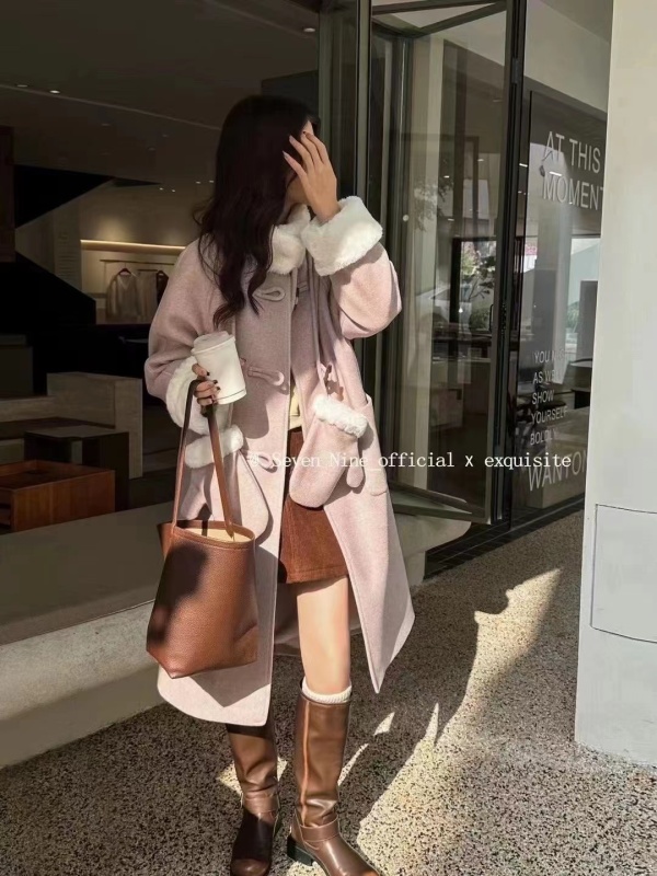 Korean style woolen plus velvet thickened coat to keep warm in winter with gloves and bestie outfit long and short coat woolen windbreaker