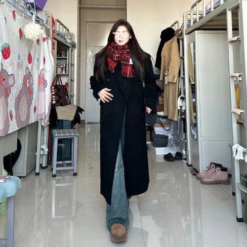 Hepburn style black woolen coat for women autumn and winter new style mid-length double-breasted woolen coat high-end