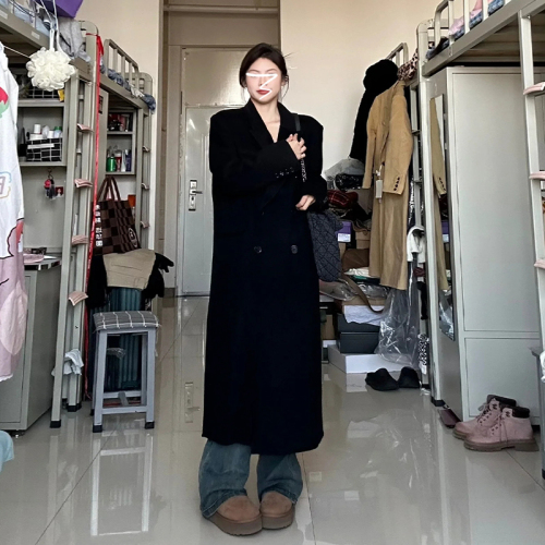 Hepburn style black woolen coat for women autumn and winter new style mid-length double-breasted woolen coat high-end