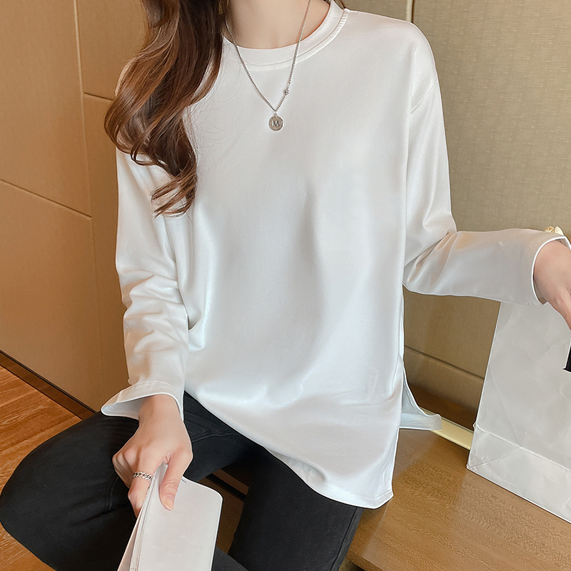 Pure cotton long-sleeved T-shirt women's mid-length bottoming shirt white T-shirt spring and autumn top thin outer wear