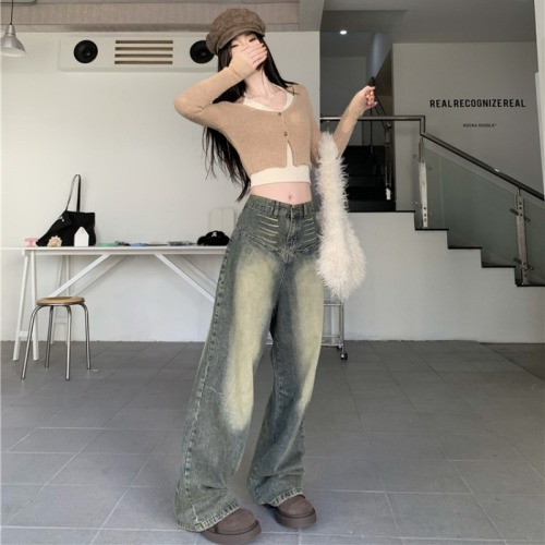 Real shot!  American Retro Wide Leg Jeans Women's Washed Distressed Loose Straight Pants