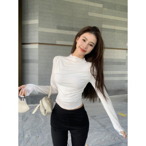 Rayon Rib Fashion Super Hot Korean Style New Half Turtle Collar Long Sleeve T-Shirt Women's Early Autumn Short Top Trendy