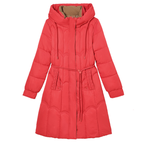 Real shot of red hooded 2024 winter new down jacket for women, mid-length fashionable thickened bread coat and cotton jacket