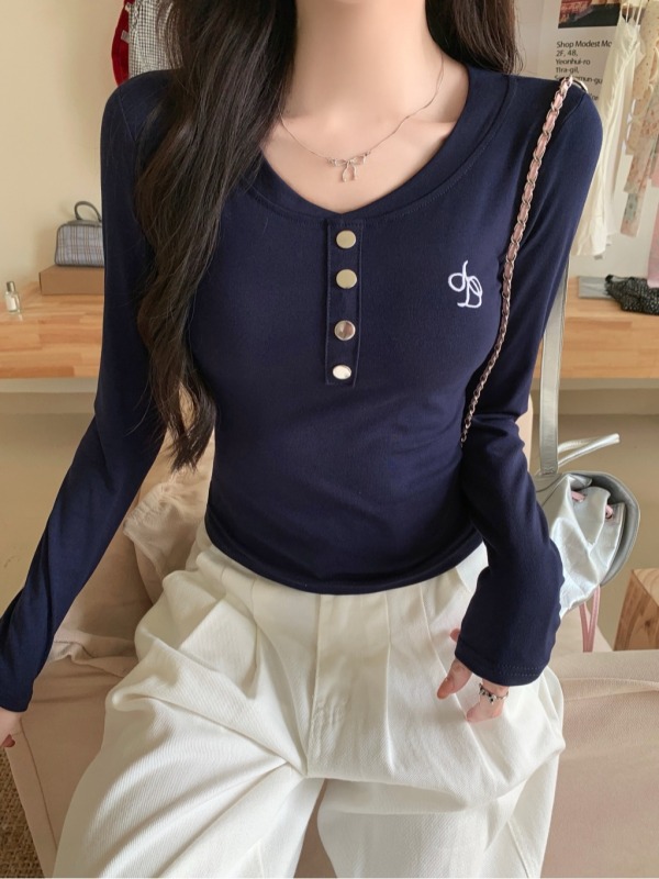 2024 Autumn Long Sleeve T-Shirt Women’s Button Embroidery