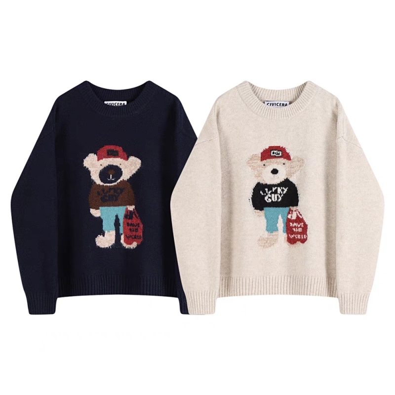 Retro round neck bear sweater coat autumn and winter women's loose casual super good-looking sweater top