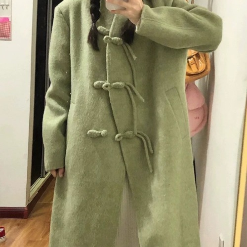 Women's woolen coat winter new Chinese style retro national style mid-length buckle woolen coat small person loose and thickened