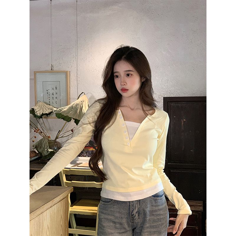 Real shot 1*1 thread 210 grams long-sleeved t-shirt women's spring and autumn thin style trendy fake two-piece slimming undershirt V-neck top 