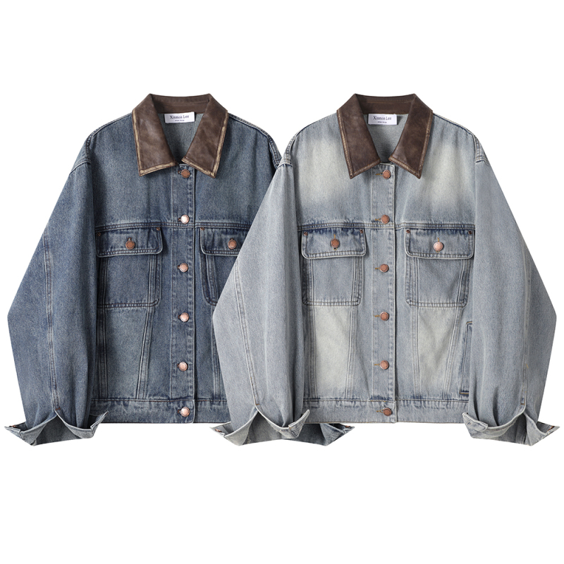 Small men's leather Polo collar denim short coat women's autumn new design motorcycle jacket top