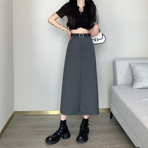 College-style suit skirt, high-waisted long skirt, slimming A-line skirt, designed slit skirt