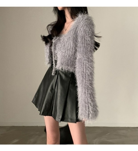 Korean chic early spring loose and versatile furry lace-up short sweater coat slim and warm knitted cardigan for women