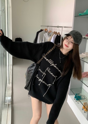 Designed letter tassel embroidery pullover sweater women's lazy loose sweater top