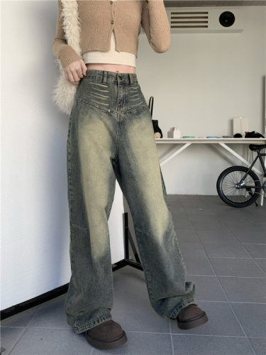 Real shot!  American Retro Wide Leg Jeans Women's Washed Distressed Loose Straight Pants