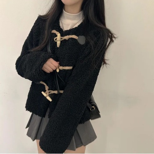 Lamb fur coat for women 2024 new autumn and winter Korean version small short horn button furry top