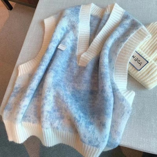 Niche blue smudged knitted top vest for women soft and waxy new Korean style loose casual lazy style sweater