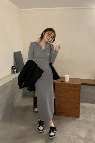 Real shot!  Autumn and winter slim-fitting hooded dress Korean style slimming shirred side slit hip-covering bottoming skirt