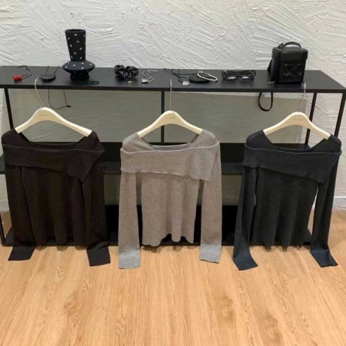 2024秋季新款简约百搭长袖一字肩针织衫毛衣女内搭上衣短款打底衫