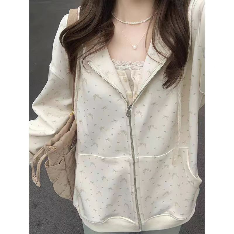 Cotton and Polyester Blended Milk Original Quality Autumn/Winter Floral Print Hooded Sweatshirt Thin Cardigan