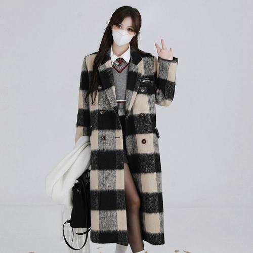 Black and white plaid coat women's mid-length 2024 autumn and winter new Korean style Hepburn style thickened woolen coat for small people