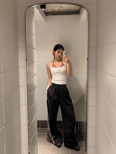 Wide-leg pants for men and women, fashionable lace casual pants, high-waisted trousers, black pants