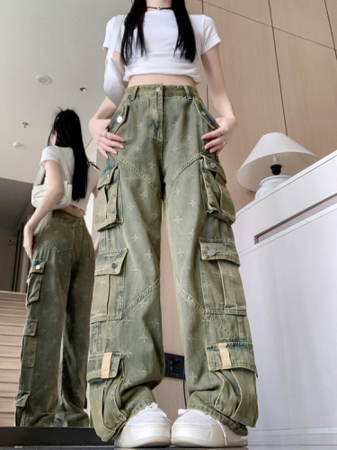 Actual shot ~ Retro distressed workwear jeans for women, multi-pocket heavy embroidery, loose slimming wide-leg pants