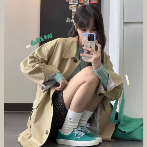 Khaki super good-looking windbreaker coat for women medium-long 2024 autumn new French loose casual temperament coat