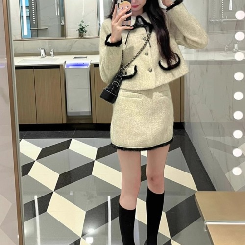 Light luxury small fragrance suit French noble high-end woolen coat for women gentle retro style daughter casual skirt