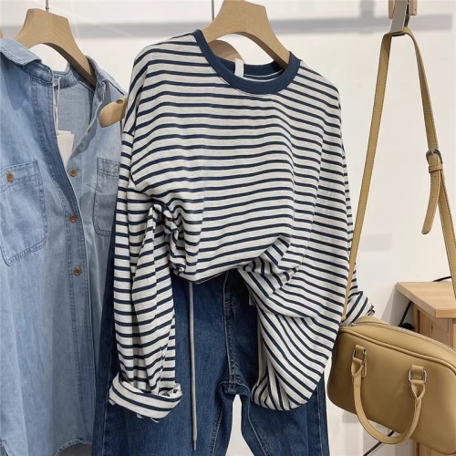 Original fabric extra large size 240 pounds retro contrasting stripes loose long-sleeved T-shirt for women