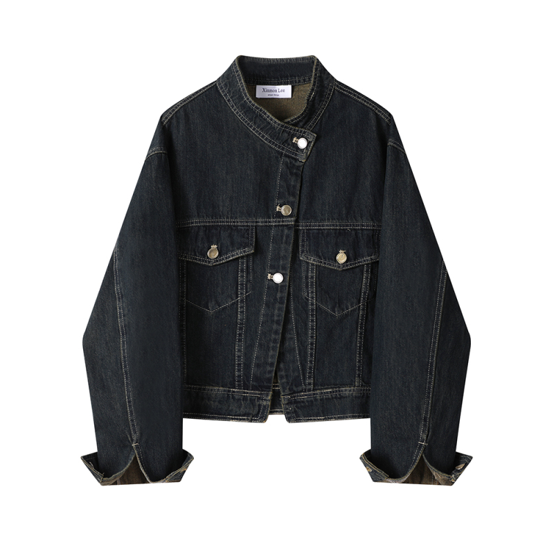 XinmonLee American retro stand-collar long-sleeved denim shirt jacket women's casual loose jacket all-match tops