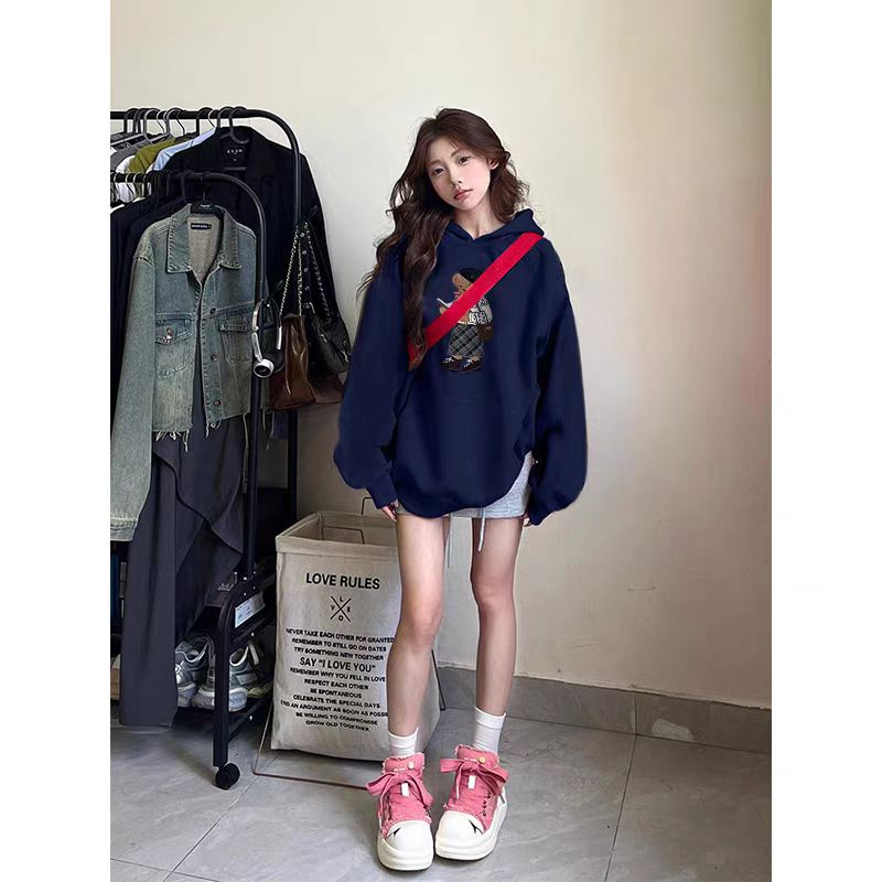 High-quality cotton composite CVC ribbed women's hooded printed sweatshirt with regular extra warmth