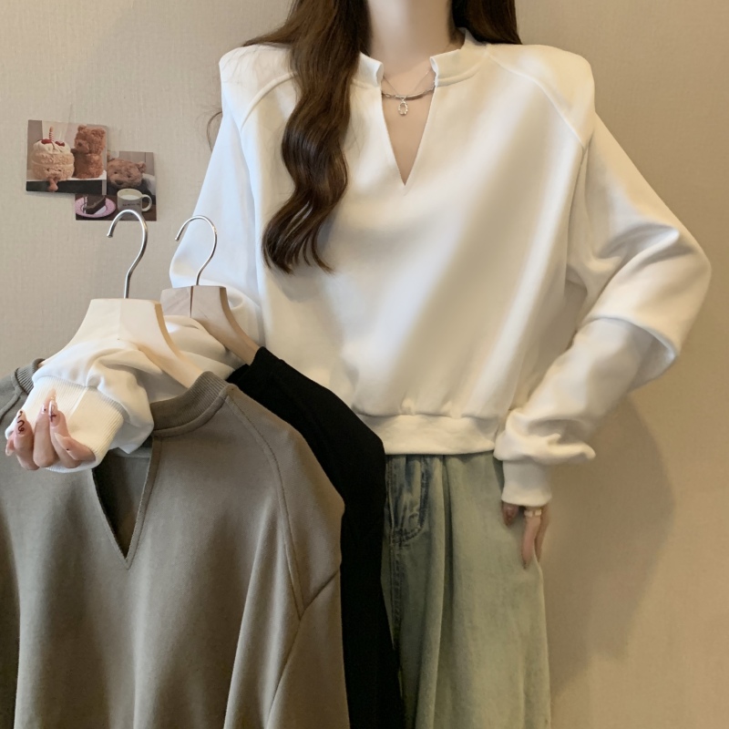 Fat girl large size autumn and winter right shoulder round neck sweatshirt design chain lazy style slimming top
