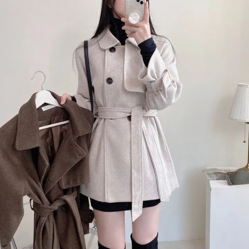 The size has been updated chic autumn and winter Korean style French niche lapel tie retro windbreaker woolen coat