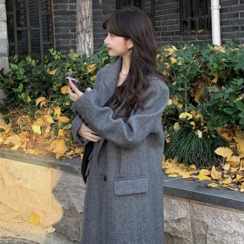 Gray suit woolen coat for women autumn and winter high-end new Korean style small temperament woolen coat